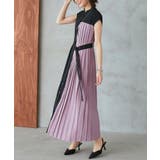 ブラック×スモーキーピンク(PNZ) | プリーツパネル・フレンチスリーブ ロングワンピース | RUIRUE BOUTIQUE