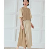 ベージュ×ライトベージュ(BEZ) | バイカラーシャツプリーツ半袖ワンピース | RUIRUE BOUTIQUE