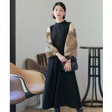 ブラック×カーキベージュ(BLZ) | 【ストレッチ/2way】袖配色オープンショルダーフレアワンピース | RUIRUE BOUTIQUE