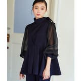 ネイビー(NE) | ボウタイ付きオーガンジースリーブタックフレアトップス&スリムテーパードパンツ | RUIRUE BOUTIQUE