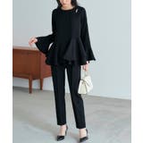 ブラック(BL) | ダブルフレアペプラムルトップス＆パンツセットアップ | RUIRUE BOUTIQUE