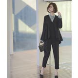 ブラック(BL) | ノーカラーフレアーペプラムパンツスーツ | RUIRUE BOUTIQUE