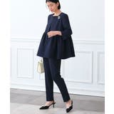ネイビー(NE) | ノーカラーギャザーペプラムスリムパンツスーツ | RUIRUE BOUTIQUE