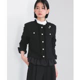 ブラック(BL) | ノーカラーツイードフリルワイドパンツスーツ | RUIRUE BOUTIQUE