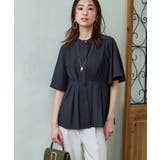 ネイビー(NE) | ウエストタック・バンドカラーフレアブラウス | RUIRUE BOUTIQUE