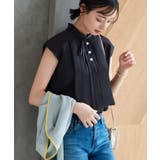 プリーツ襟/ブラック(BL) | 選べるデザインパールボタンフレンチスリーブブラウス | RUIRUE BOUTIQUE