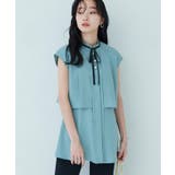 プリーツ襟/アクアブルー(PBU) | 選べるデザインパールボタンフレンチスリーブブラウス | RUIRUE BOUTIQUE