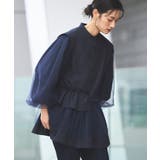ネイビー(NE) | チュールMIXペプラムデザインシャツブラウス | RUIRUE BOUTIQUE