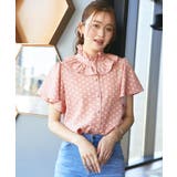 ピンク×白ドット(PNZ) | 【洗える】選べる素材(シアー無地/ドット)フリルスタンドカラーブラウス | RUIRUE BOUTIQUE