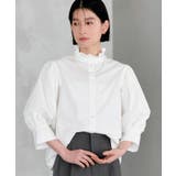 ホワイト(WH) | 洗える フリルスタンドカラー・オーバーブラウス | RUIRUE BOUTIQUE