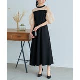 ブラック×ベージュ(BLZ) | ギャザーシアースリーブフレアドレス[付け袖] | RUIRUE BOUTIQUE