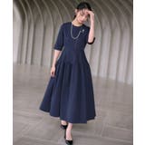 ネイビー(NE) | パールリボンバブルフレアシルエット・ワンピースドレス | RUIRUE BOUTIQUE