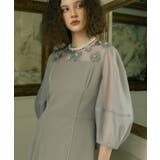 グレーカーキ(GY) | オーガンジーフラワーモチーフフレアワンピースドレス | RUIRUE BOUTIQUE