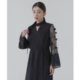 ブラック(BL) | フラワーモチーフスリーブIラインワンピースドレス | RUIRUE BOUTIQUE