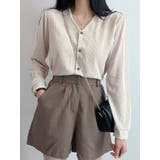 ベージュ | Vネックシンプル長袖ブラウス オフィスブラウス レディース | VIVID LADY