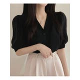 ブラック | Vネックパフスリーブブラウス半袖 全4色 可愛い | VIVID LADY