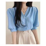 スカイブルー | Vネックパフスリーブブラウス半袖 全4色 可愛い | VIVID LADY