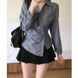 チャコールグレー | カシュクール ストライプ ウエストマークシャツ | VIVID LADY