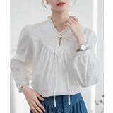 アイボリー | Vネック フリル リボン ブラウス | VIVID LADY