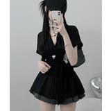 ブラック | ストライプシャツxチューブトップ レイヤード風 半袖トップス | VIVID LADY