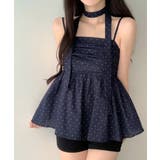 ネイビー | チョーカー付き ドットペプラムキャミトップス | VIVID LADY