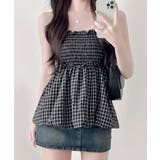 ブラック | バックリボン チェックペプラムキャミトップス | VIVID LADY