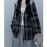 ネイビー | フード付きオーバーサイズチェックシャツ | VIVID LADY