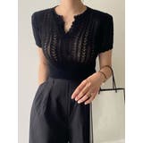 ブラック | 編み上げクロップド半袖ニット 夏 スキッパー襟 | VIVID LADY