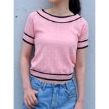 ピンク | ダイヤ柄配色ボートネック半袖ニット ショート丈 トップス | VIVID LADY