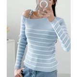 スカイブルー | リボンワンショル ボーダーリブニット | VIVID LADY