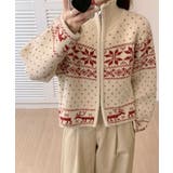 アイボリーxレッド | ノルディック柄 ジップアップニット | VIVID LADY