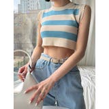 スカイブルー | クロップドボーダーノースリーブニット 全3色 クロップドトップス | VIVID LADY