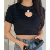 ブラック | かわいいハート型スリット半袖ファーニット ファーニット クロップド丈 | VIVID LADY