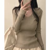 ベージュ | 前後Vネック リブニットトップス | VIVID LADY