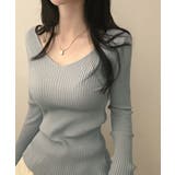 ライトブルー | 前後Vネック リブニットトップス | VIVID LADY