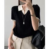 ブラック | クラシックカラ― ケーブル 半袖ニットトップス | VIVID LADY