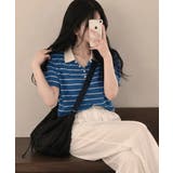 配色カラー ボーダー 半袖ポロニットトップス | VIVID LADY | 詳細画像7 
