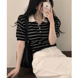 配色カラー ボーダー 半袖ポロニットトップス | VIVID LADY | 詳細画像9 