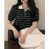 ブラック | 配色カラー ボーダー 半袖ポロニットトップス | VIVID LADY