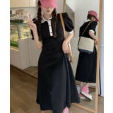 ブラック | ポロカラー 配色切替 ロングワンピース | VIVID LADY
