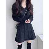 ブラック | Vネックニットワンピースショート丈 レディース ケーブルニット | VIVID LADY