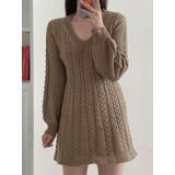 ブラウン | Vネックニットワンピースショート丈 レディース ケーブルニット | VIVID LADY
