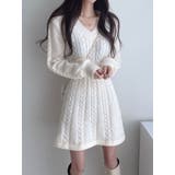 アイボリー | Vネックニットワンピースショート丈 レディース ケーブルニット | VIVID LADY
