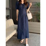 ネイビー | Vネックパフピンタックロングワンピース 半袖 vネックロングワンピース | VIVID LADY