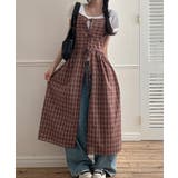 ワイン | チェック柄 フロントリボン レイヤードキャミワンピース | VIVID LADY