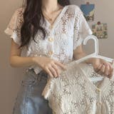 可愛いvネッククロップド丈花柄カーディガン 半袖 レースフラワー柄 | VIVID LADY | 詳細画像1