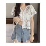 可愛いvネッククロップド丈花柄カーディガン 半袖 レースフラワー柄 | VIVID LADY | 詳細画像12