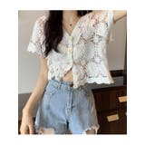 可愛いvネッククロップド丈花柄カーディガン 半袖 レースフラワー柄 | VIVID LADY | 詳細画像15