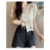 ベージュ | 可愛いvネッククロップド丈花柄カーディガン 半袖 レースフラワー柄 | VIVID LADY