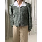 グリーン | ツイードvネックパフシャーリングジャケットレディース 秋 ツイード | VIVID LADY